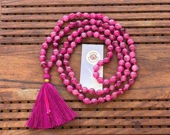 Pink Agate Japa Mala 108 Beads | Handmade Meditation Prayer 6mm beads with Silk Tassel | Spiritual Jewelry Gift