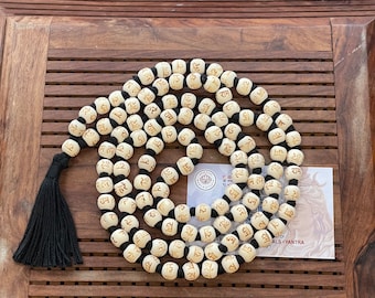 Tulsi Mala 108 grani di preghiera mala, rosario in legno annodato, Krishna mala indiano, Japa mala indù, grani di Tulsi naturali