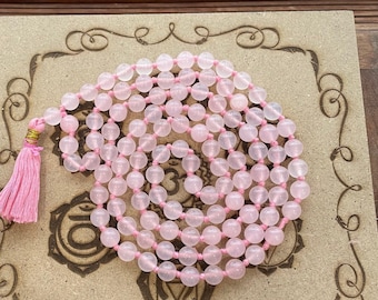 Rose Quartz Crystal Stone Rosary Mala necklace Chanting Meditation 8mm natural beads