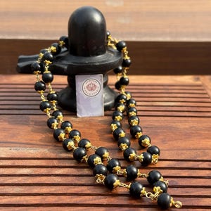 Certified Shaligram Mala: Handcrafted Nepalese Prayer Beads with Golden Caps