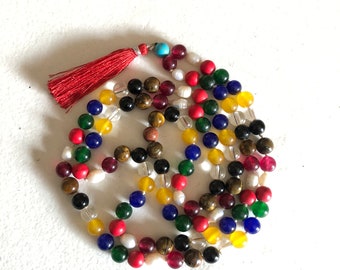 PLANETRY MALA / Hand Knotted 109 +1 Navratna 9 Planets Handmade Chakra Mala Beads Necklace Blessed Yoga Japa Meditation 6mm 8mm Prayer beads