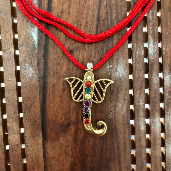 Navratna / Nine stone / Planetary Ganesha pendant, Healing pendant with auspicious red thread