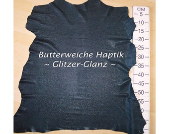 butterweiche Lammnappa Lederhaut, samtweiche Haptik, Größe 0,52qm, Farbe Schwarz-Blau, Glitzer-Glanz