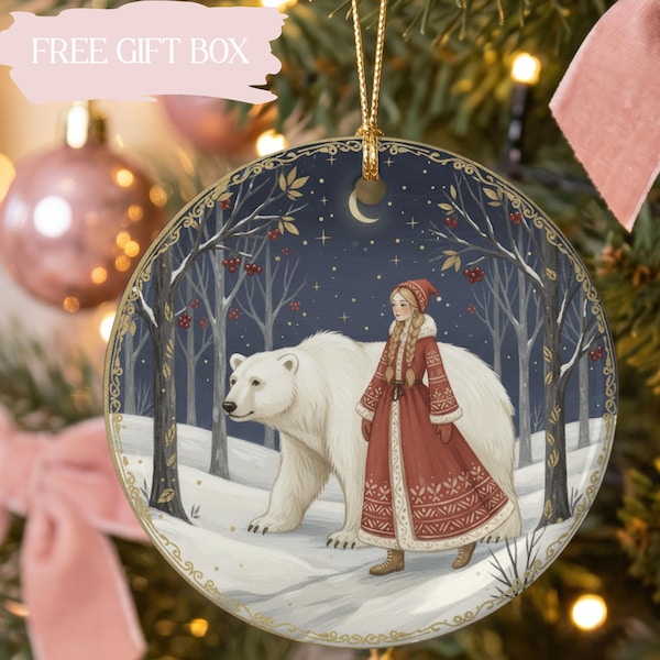 Folk Art Girl and Polar Bear Ornament with Gift Box, Nordic Winter Decor, Scandinavian Christmas Scene, Fairy Tale Ornament