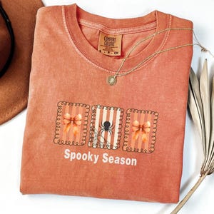 May include: A coral-colored t-shirt with the text "Spooky Season" and a graphic of a spider and bows. The shirt has a crew neck and a small tag at the neckline. A gold necklace with a pendant is draped on the shirt.