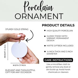 May include: A round white porcelain ornament with a sturdy gold string. The ornament measures 3 inches in height, 3 inches in width, and 1/8 inch in thickness. The product details specify high quality porcelain, a glossy finish, and a matte giftbox.