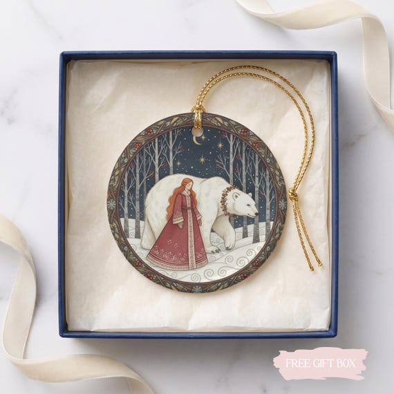 Folk Art Girl and Polar Bear Ornament with Gift Box, Nordic Winter Decor, Scandinavian Christmas Scene, Fairy Tale Ornament
