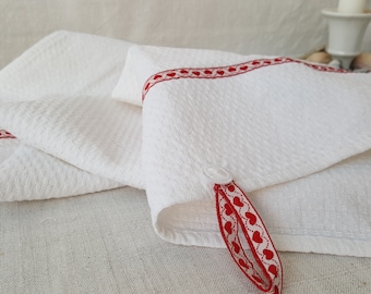 Beautiful white towel with red stripes Small gift wellness mom towel cosmetics kitchen white tea towel linen