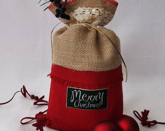 Weihnachtssäckchen ca. 28 x 19 cm rot mit Jute & Klöppelspitze Geschenkverpackung Stoff Stoffsäckchen Nikolaussack Säckchen Geschenksäckchen