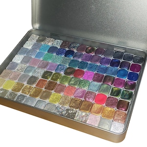 Riesiges Farbset - 104 Farben - handgefertigte metallisch schimmernde Aquarellfarbpalette - Holo, Chrom, Chamäleon