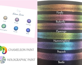 May include: A set of 8 chameleon paints in a nature series. The colors are Firefly, Butterfly, Flamingo, Hummingbird, Peacock, and Beetle. The paint is holographic and chameleon.