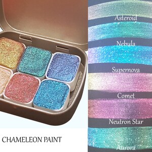 Paleta de acuarelas de camaleón hecha a mano de la serie Galaxy, de media bandeja, con mezcla única de pigmentos, que cambia de color metálico