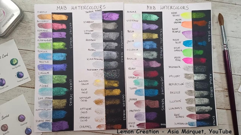 May include: A close-up of a watercolor paint swatch chart with 48 different colors. The chart is divided into four sections: Nature Series, Ocean Series, Holographic Series, and Gemstone Series. Each section has a different color scheme. The chart is labeled "MAB Watercolors" at the top.