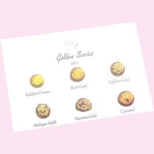Golden Series Vol 2 - Cartão de pontos de tinta aquarela dourada cromada feita à mão - Conjunto de 6 cores - Testador de amostra