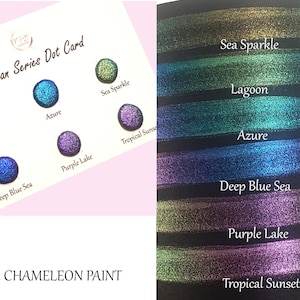 Könnte beinhalten: Eine Punktkarte, die eine Auswahl an Chamäleonfarben der Ocean-Serie zeigt. Die Farben umfassen Sea Sparkle, Lagoon, Azure, Deep Blue Sea, Purple Lake und Tropical Sunset.