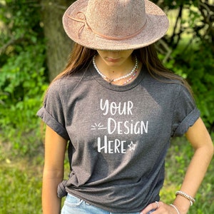 Bella Canvas 3001 Mockup | Bella Canvas Dark Grey Heather Shirt | Dark Grey Heather T-Shirt Mockup | Lifestyle Mockup | Outdoor Mockup