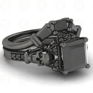 2.90 Ct Gothic Skull Princess Vintage Engagement Wedding Ring Set, Simulated Diamond, Sterling silver, Matching Band, Ring Set For Women