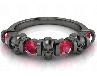 0.65 Ct Unique Gothic Skull 4 Stone CZ Engagement Wedding Ring, Birthstone July Ruby gemstone Women ring, Sterling Silver, Gift for her