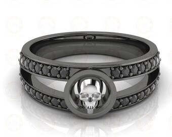 Black Skull Engagement Ring, Sterling Silver Cubic Zirconia, Gothic Wedding Ring