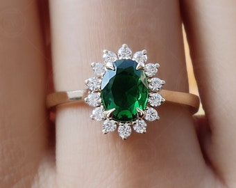Emerald Halo Engagement Ring, Green Gemstone Rings For Women, May Birthstone Ring, Oval Emerald Halo Ring Gold Anniversary Ring Promise Ring