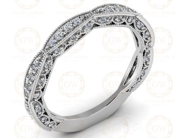 Vintage Milgrain Wedding Band – Moissanite Anniversary Ring – Art Deco Antique Band for Women – Dainty Stackable Bridal Ring