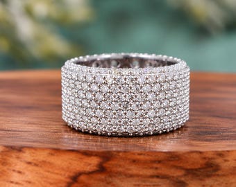 Moissanite Mens Wedding Band, 925 Sterling Silver Pave Anniversary Ring