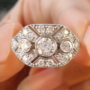 Round Moissanite Shield Vintage Engagement Ring, Unique Estate Wedding ring, Art Deco Sterling Silver Rings, Mothers Day Gift