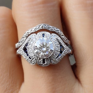 Estate Jewelry Ring Set, Art Deco Bridal Ring Sets For Women, Moissanite Vintage Engagement Ring Set, Gold Antique Bridal Set, Carving Band