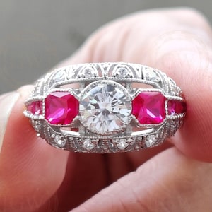 2.30 Ct Antique Ruby Engagement Ring, Vintage Moissanite Ring, Sterling ...