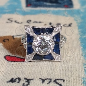 Art Deco Sapphire Halo Engagement Ring, Bezel Set Round Moissanite Ring, Milgrain Vintage Ring, Sapphire Target Ring, Estate Jewelry Ring