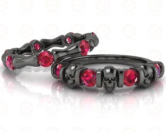 1.65 Ct Unique Black Gothic Bone Skull Bridal CZ Engagement Wedding Ring Set, Birthstone July Ruby gemstone Women ring, Matching Band