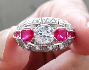 Ruby Moissanite Engagement Ring, Sterling Silver Art Deco Ring