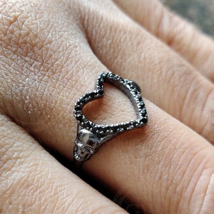 Open heart ring, Hollow heart shape ring, Gothic Skull Women Ring, Two Skull bride wedding engagement promise ring for women, 925 Silver