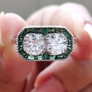 Anillo Toi et Moi / Anillo de compromiso Art Déco con moissanita / Joyería patrimonial / Anillo de compromiso con esmeralda / Anillos antiguos / Anillo de compromiso vintage