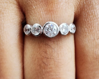 1.35 Ct 5 Stone Round Moissanite Anniversary Ring, Sterling Silver, Bezel Set Stacking Band, Minimalist Engagement Ring, Bridal Wedding Ring