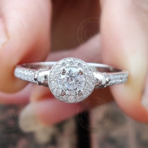 Gothic Skull Halo Engagement Ring, Skull rings for women, Round Moissanite Two skull rings, Skull wedding ring, 925 Sterling Silver