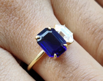 Toi Et Moi Ring, 2 Stone Engagement Ring, Sterling Silver Wedding Ring, Blue Emerald Sapphire & Duchess Cut Ring, Anniversary Women ring