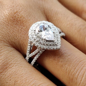 Ensemble de bagues de fiançailles avec double halo en forme de poire, 3 ct, argent sterling, tige fendue torsadée, anneau assorti, bague à superposer, cadeau pour elle