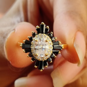 14K Gold Oval Moissanite Engagement Ring – Vintage Sunburst Halo Baguette Ring – Unique Black and White Wedding Ring for Her