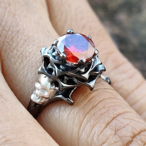 Gothic Skull Engagement ring / Round Red Ruby CZ Diamond / Rose Floral Wedding Ring / Unique Skull Nature Inspired Ring / Ring for Women