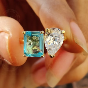 Toi Et Moi Gold Ring / Pear & Aquamarine Emerald Ring / Two Stone Ring /  2 Stone Aquamarine Engagement Ring / Women Wedding Ring