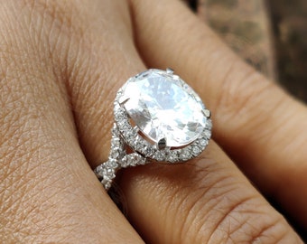 3.90  Ct Oval Cut Halo Engagement Ring, Twist Split Shank, Sterling Silver, Simulated Diamond, Wedding Ring For Women, Gift For Her