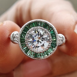 2.00 Ct Round Cut and Green Baguette Art Deco Engagement Ring, Emerald Gemstone Vintage Halo Ring for women, Anniversary Silver Estate Ring