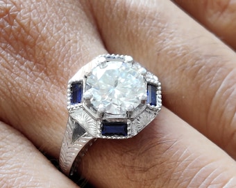 Vintage Engagement Ring, Round Moissanite Ring, Art deco Antique Style ring, Wedding Ring, Promise Ring for Her, Sapphire Baguette Ring