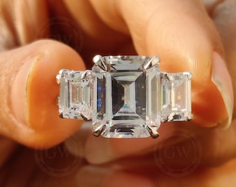 14k Gold Three Stone Emerald Cut Moissanite Engagement Ring | Double band ring