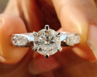 Classic 6 Prong Round Solitaire Engagement Ring | Taper Band with Bead & Bright Tapered Pavé