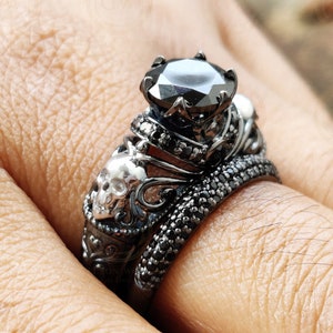 2.15 Ct Gothic Skull Round Floral Vintage Engagement Wedding Ring Set, Simulated Diamond, Sterling silver, Matching Band, Ring Set For Women
