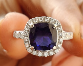 Cushion Cut Blue Sapphire & Round Moissanite Halo Engagement Ring for Women - 925 Sterling Silver