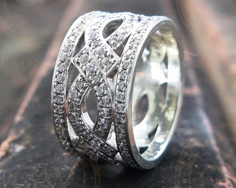 10 mm Wide Vintage Wedding Ring, Round Cut CZ Diamond, Anniversary wedding band in 925 sterling silver for women
