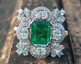 7.15 TCW Vintage Emerald Estate Ring – Art Deco Cocktail Ring for Women – Sterling Silver Engagement Jewelry Gift for Her